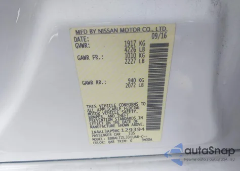 2017 Nissan Altima 2.5 Sl from USA, damaged, VIN 1N4AL3AP9HC129394